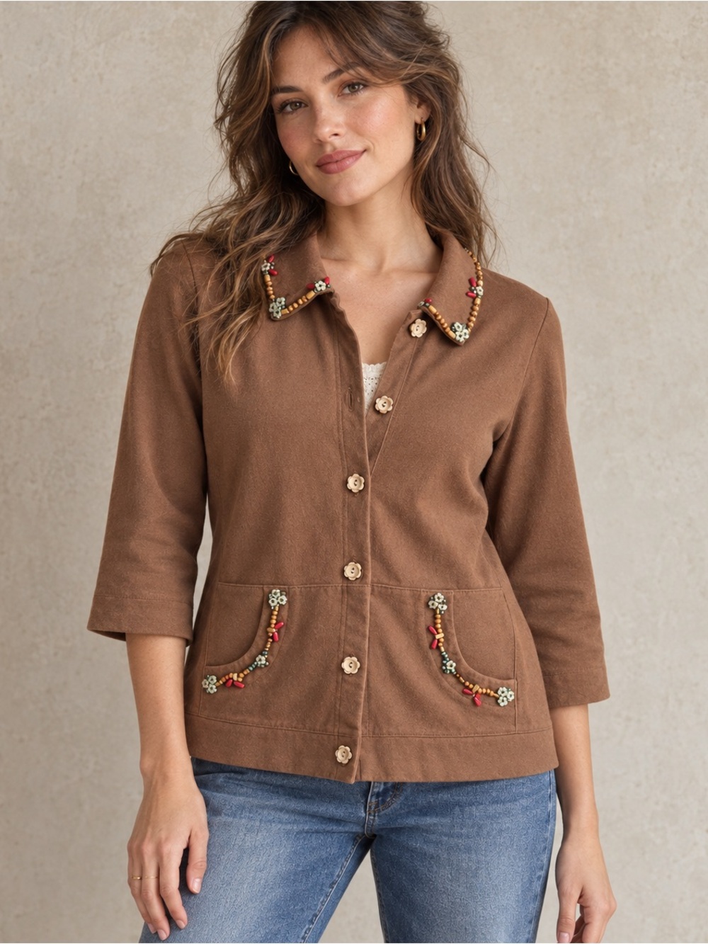 Beaded Jersey Button-Up Jacket Brown Large onque Whimsical Fall Cottagecore